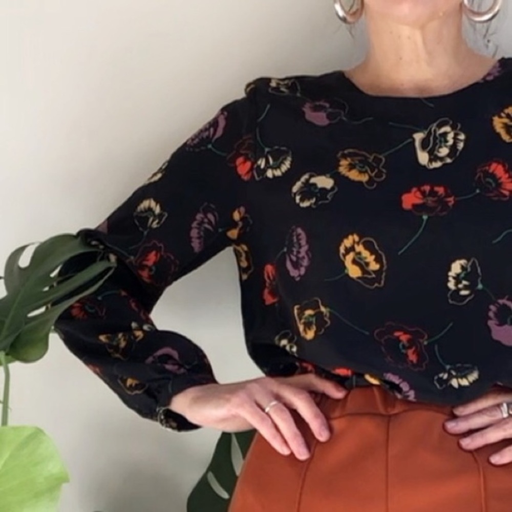 Steven Alan Petite 100% silk shirt blouse w/ poppies